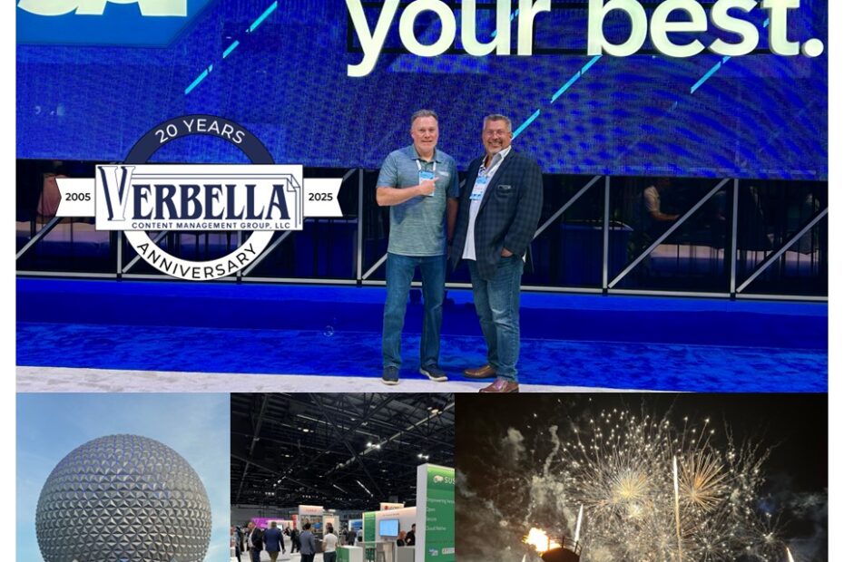 Collage of Verbella team at SAP Sapphire 2025 celebrating 20 years of SAP innovation with partners, booths, and event highlights.