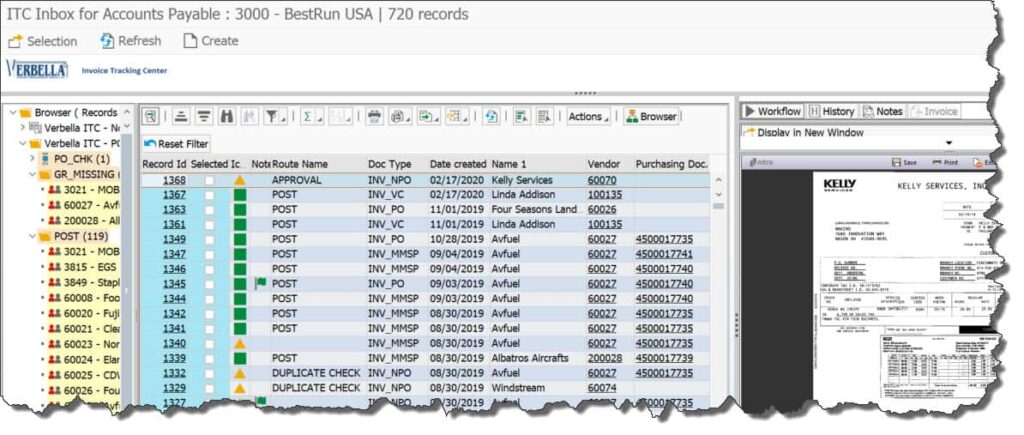SAP Invoice Tracking Center reporting dashboard showing vendor invoices, statuses, and linked document image for AP automation visibility.