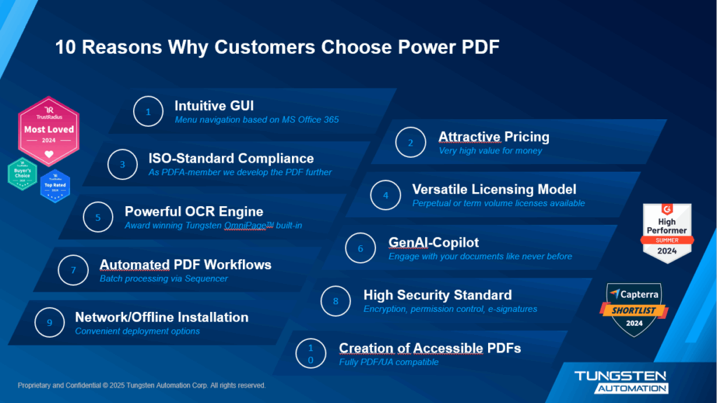 10 Reasons Why Customers Choose Tungsten Power PDF — intuitive GUI, attractive pricing, versatile licensing, GenAI Copilot, powerful OCR, automated workflows, and enterprise security standards.