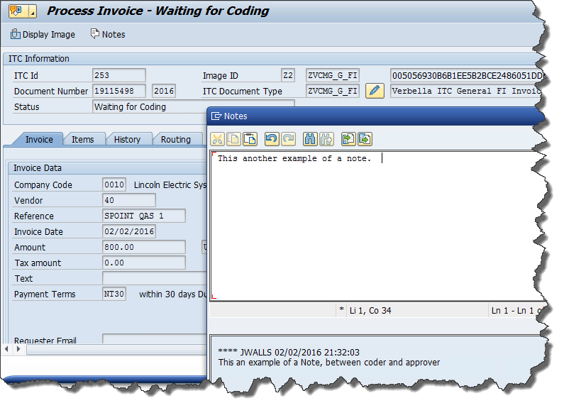 SAP Invoice Tracking Center process invoice screen showing coding, workflow status, and ITC Notes collaboration between approver and AP processor.