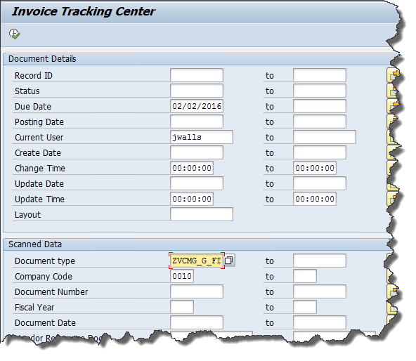 Invoice Tracking Center search and filter screen in SAP with document details, posting date, and company code fields for AP users.