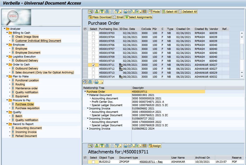 Universal Document Access SAP main screen showing centralized access to SAP business objects and related documents